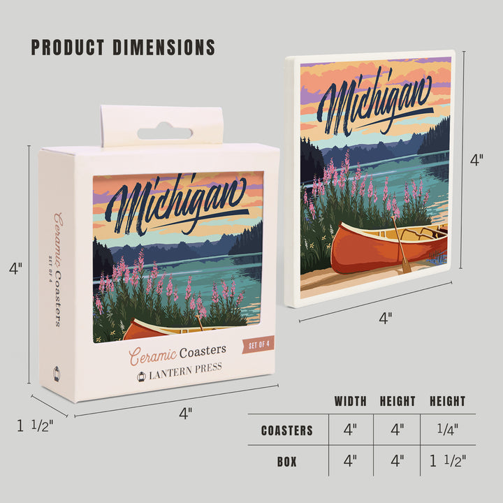 Michigan, Canoe and Lake Scene, Coasters Coasters Lantern Press 