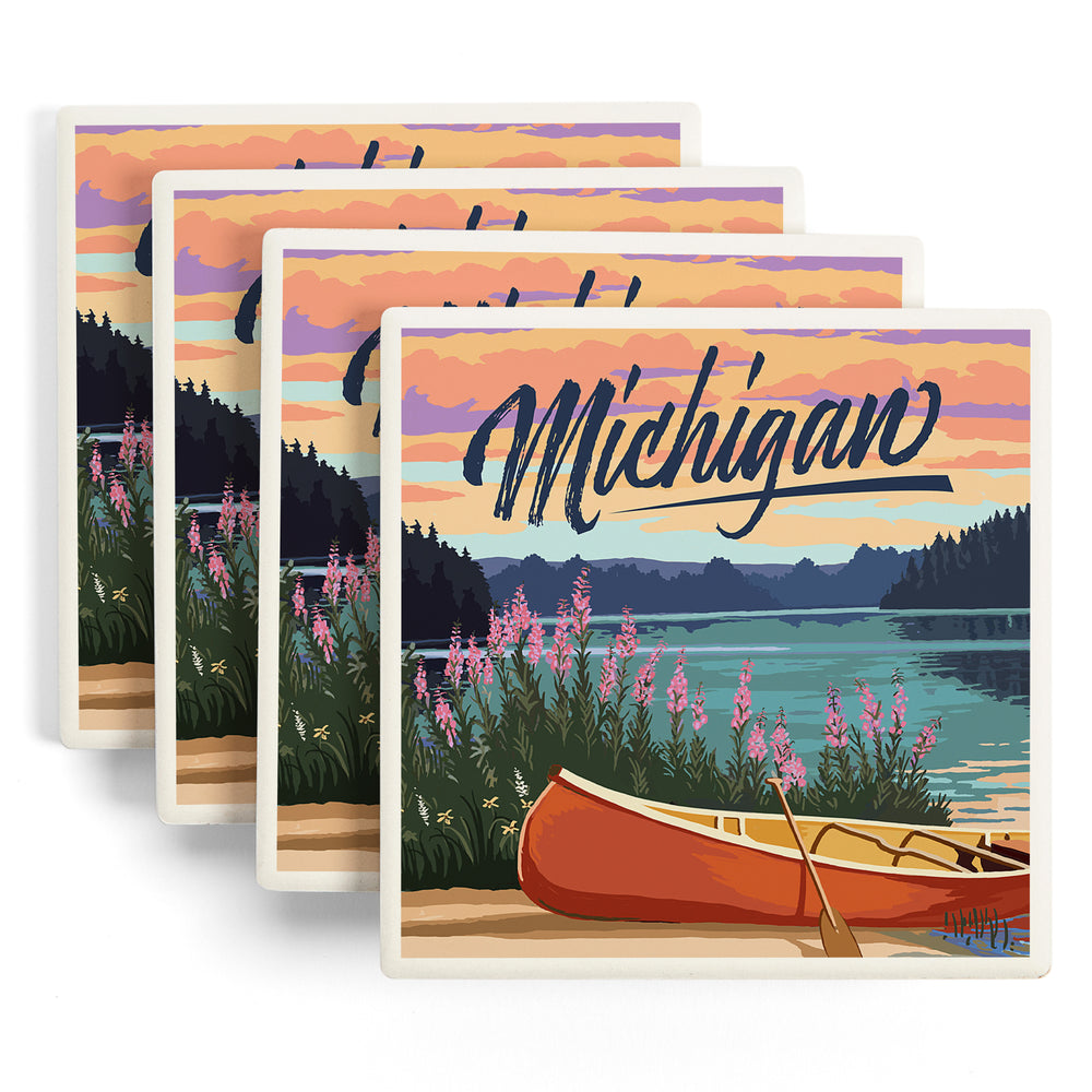 Michigan, Canoe and Lake Scene, Coasters Coasters Lantern Press Coaster Pack, Set of 4 