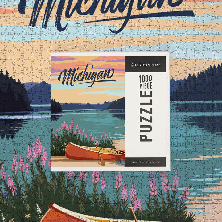 Michigan, Canoe and Lake Scene, Jigsaw Puzzle Puzzle Lantern Press 