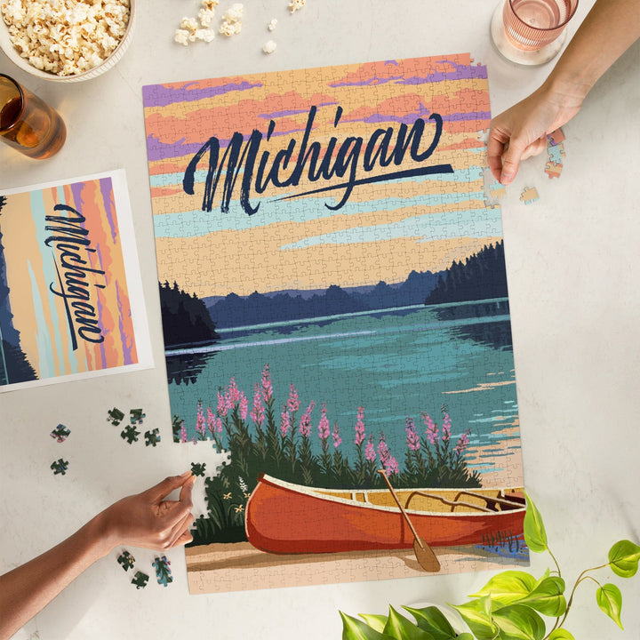 Michigan, Canoe and Lake Scene, Jigsaw Puzzle Puzzle Lantern Press 