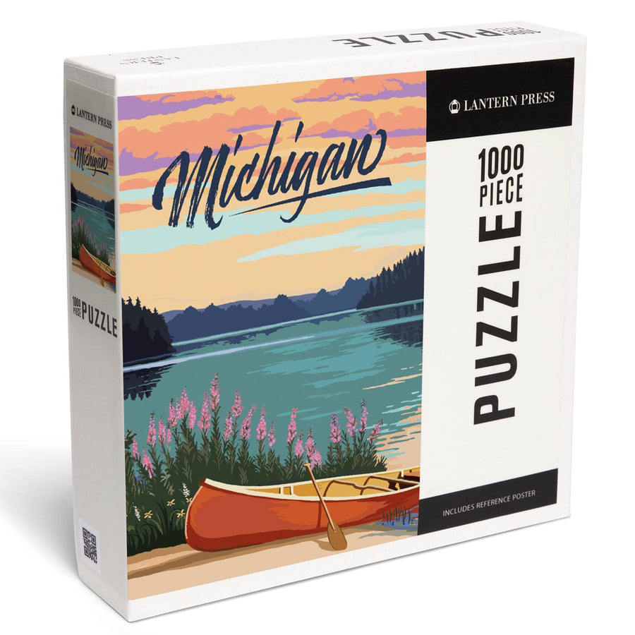 Michigan, Canoe and Lake Scene, Jigsaw Puzzle Puzzle Lantern Press 
