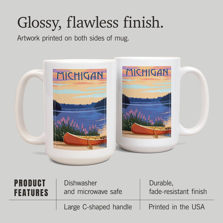 Michigan, Canoe & Lake, Lantern Press Artwork, Ceramic Mug Mugs Lantern Press 