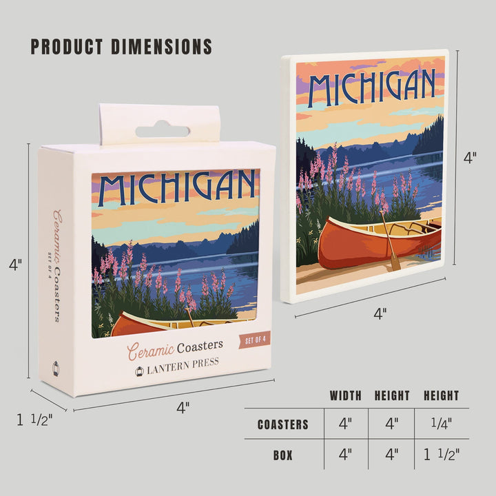 Michigan, Canoe & Lake, Lantern Press Artwork, Coaster Set - Lantern Press