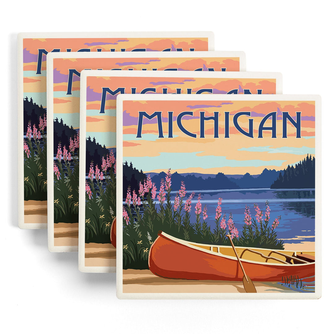 Michigan, Canoe & Lake, Lantern Press Artwork, Coaster Set - Lantern Press