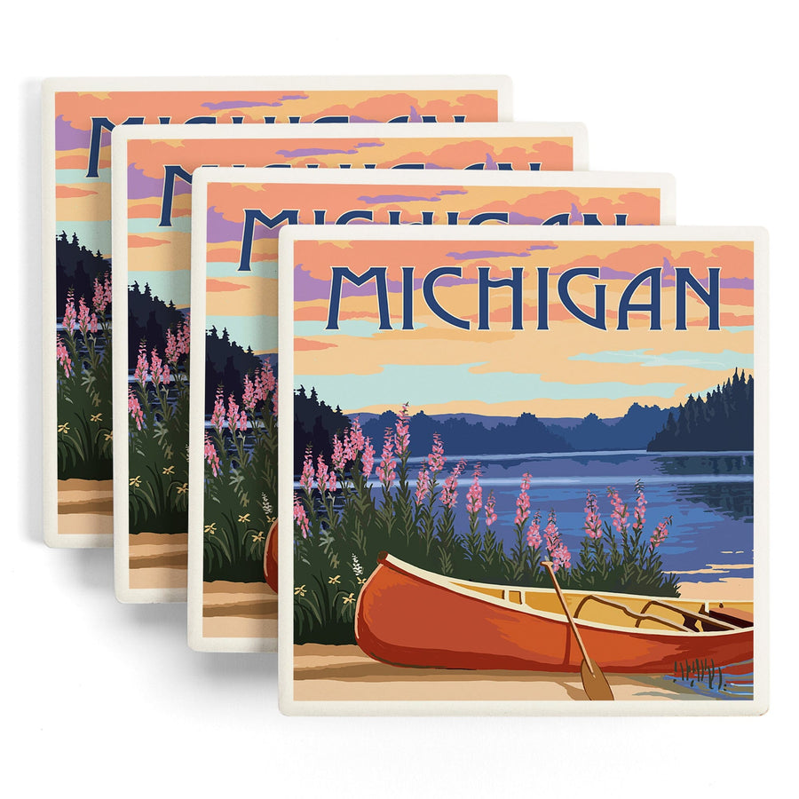 Michigan, Canoe & Lake, Lantern Press Artwork, Coaster Set - Lantern Press