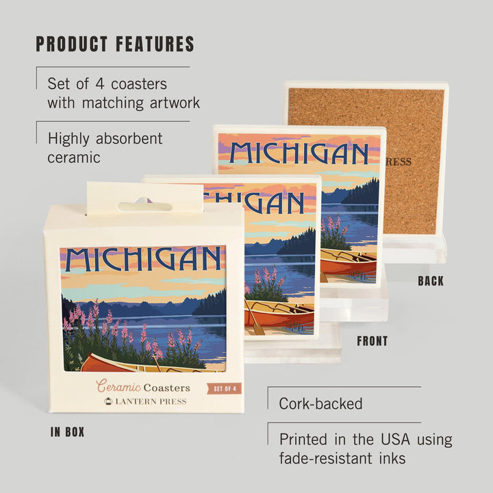 Michigan, Canoe & Lake, Lantern Press Artwork, Coaster Set - Lantern Press