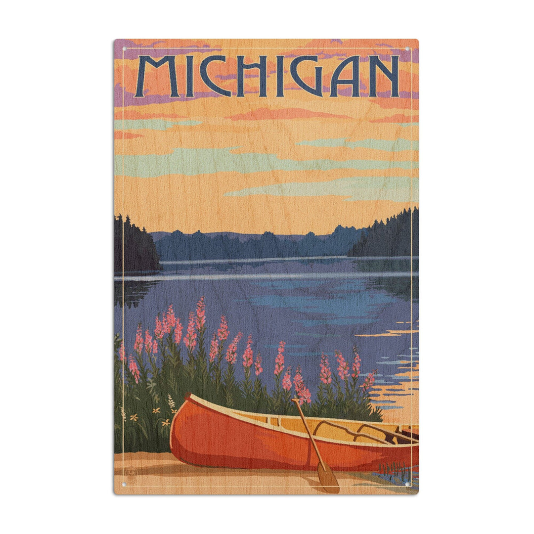 Michigan, Canoe & Lake, Lantern Press Artwork, Wood Signs and Postcards Wood Lantern Press 10 x 15 Wood Sign 