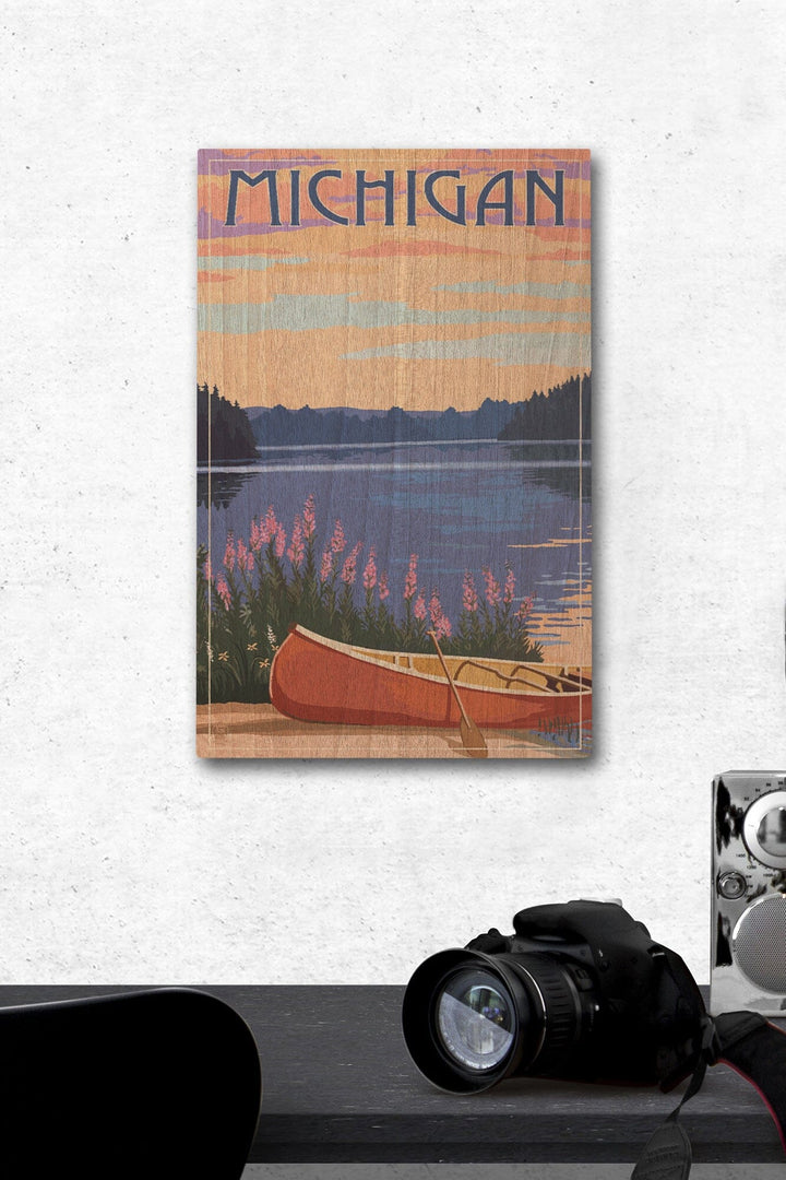 Michigan, Canoe & Lake, Lantern Press Artwork, Wood Signs and Postcards Wood Lantern Press 12 x 18 Wood Gallery Print 