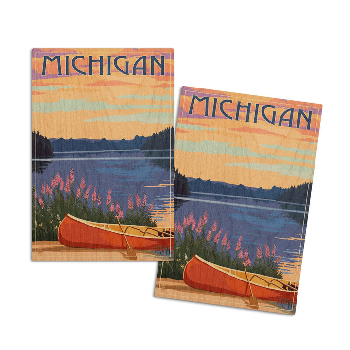Michigan, Canoe & Lake, Lantern Press Artwork, Wood Signs and Postcards Wood Lantern Press 4x6 Wood Postcard Set 