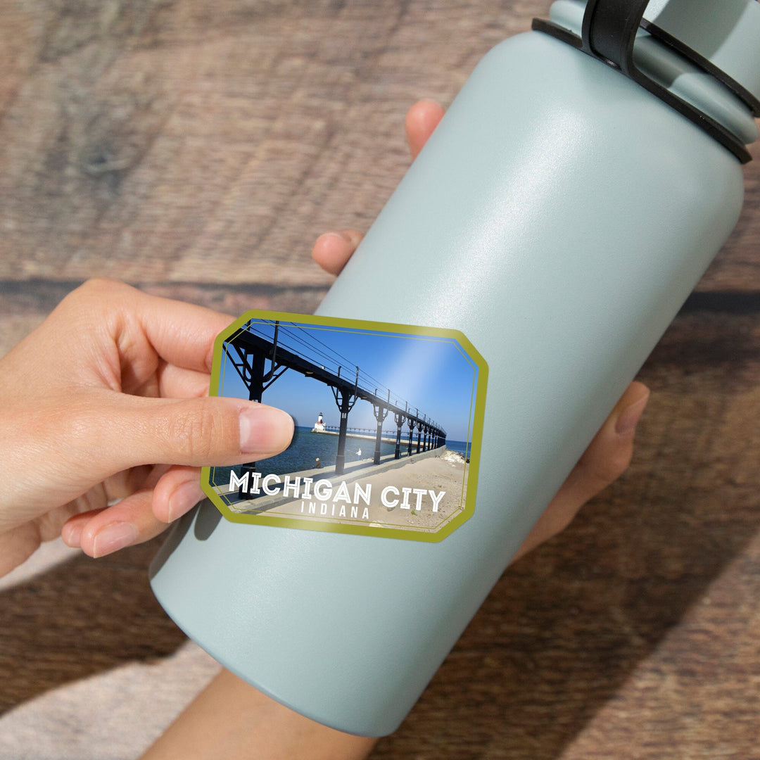 Michigan City, Indiana, Lighthouse View, Contour, Vinyl Sticker Sticker Lantern Press 