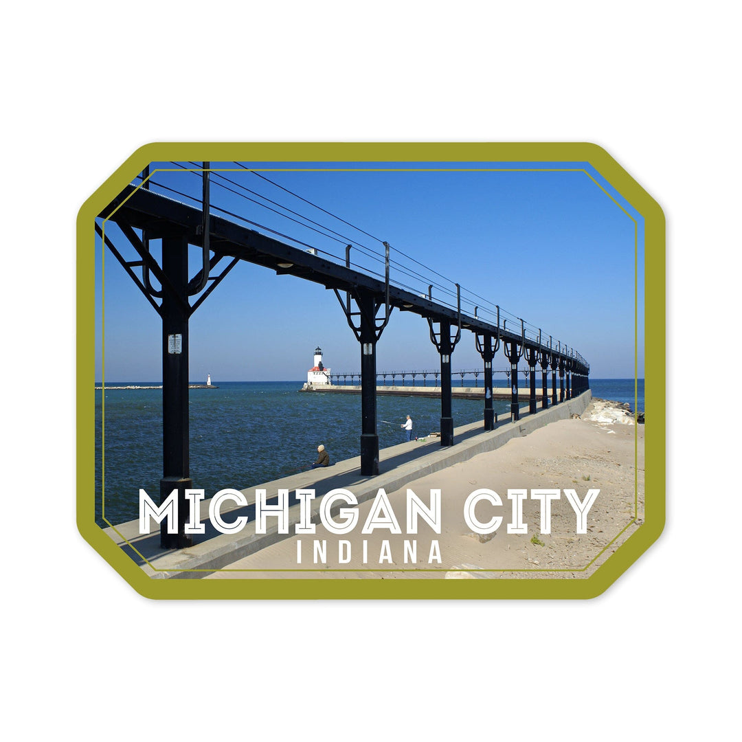 Michigan City, Indiana, Lighthouse View, Contour, Vinyl Sticker Sticker Lantern Press 