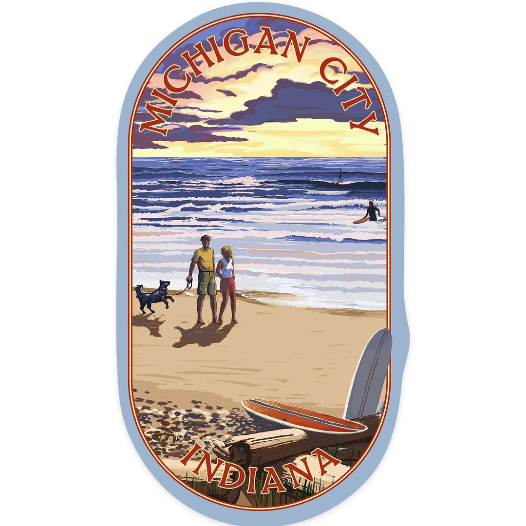 Michigan City, Indiana, Sunset on Beach, Contour, Vinyl Sticker Sticker Lantern Press 