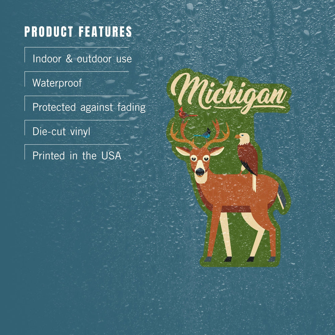 Michigan, Deer and Birds, Geometric, Contour, Vinyl Sticker - Lantern Press