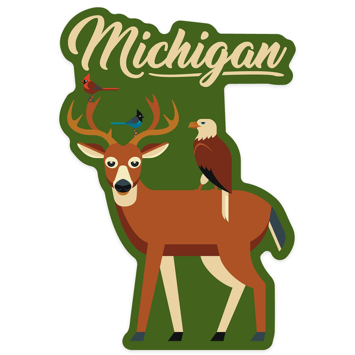 Michigan, Deer and Birds, Geometric, Contour, Vinyl Sticker - Lantern Press