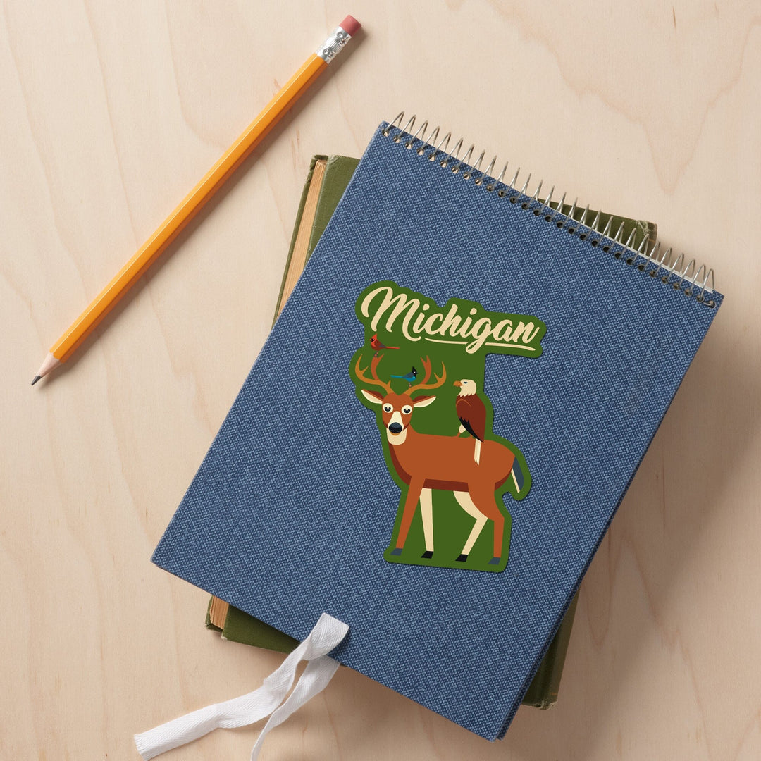 Michigan, Deer and Birds, Geometric, Contour, Vinyl Sticker - Lantern Press