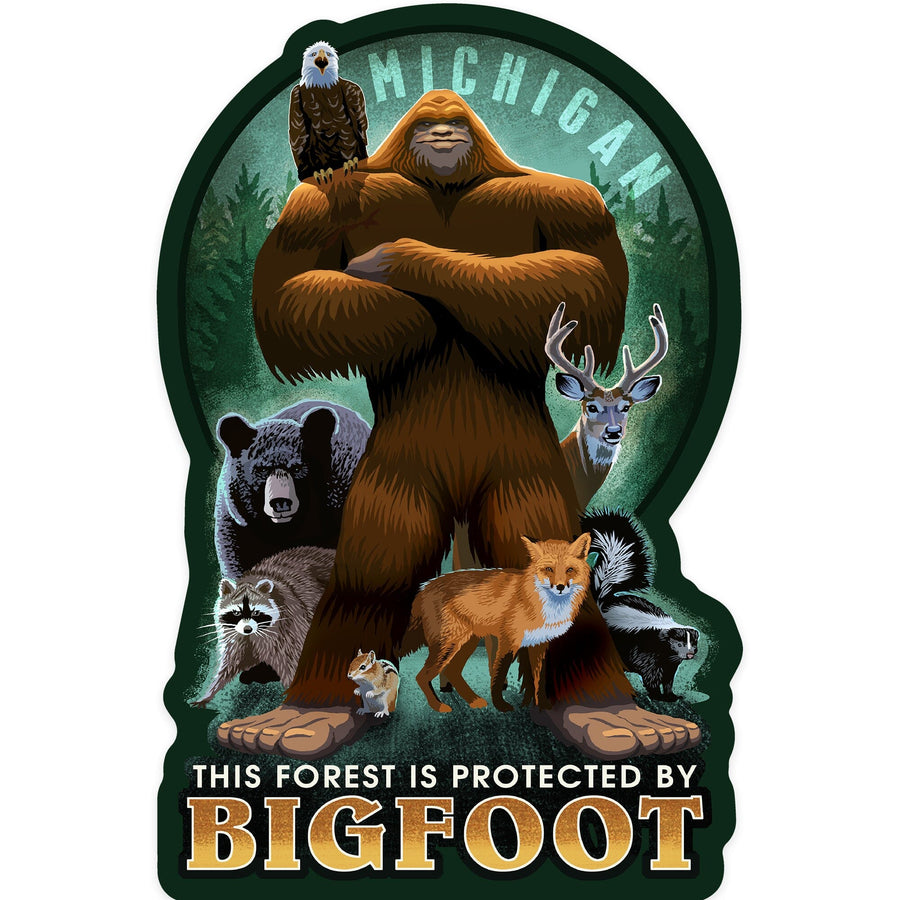 Michigan, Forest Protected by Bigfoot, Contour, Vinyl Sticker - Lantern Press