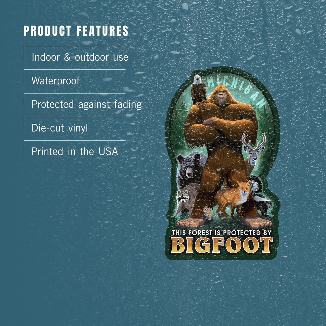 Michigan, Forest Protected by Bigfoot, Contour, Vinyl Sticker - Lantern Press