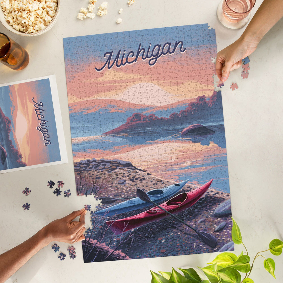 Michigan, Glassy Sunrise, Kayak, Jigsaw Puzzle Puzzle Lantern Press 