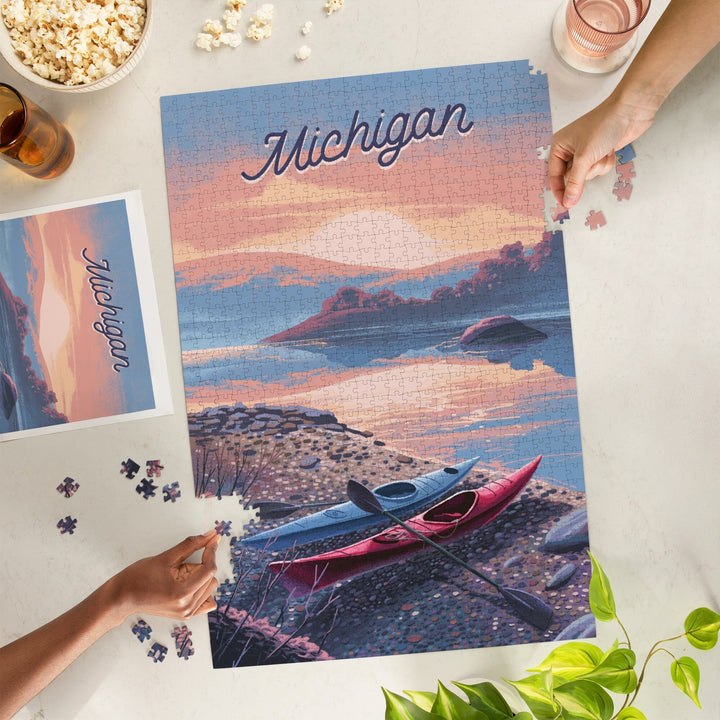 Michigan, Glassy Sunrise, Kayak, Jigsaw Puzzle Puzzle Lantern Press 