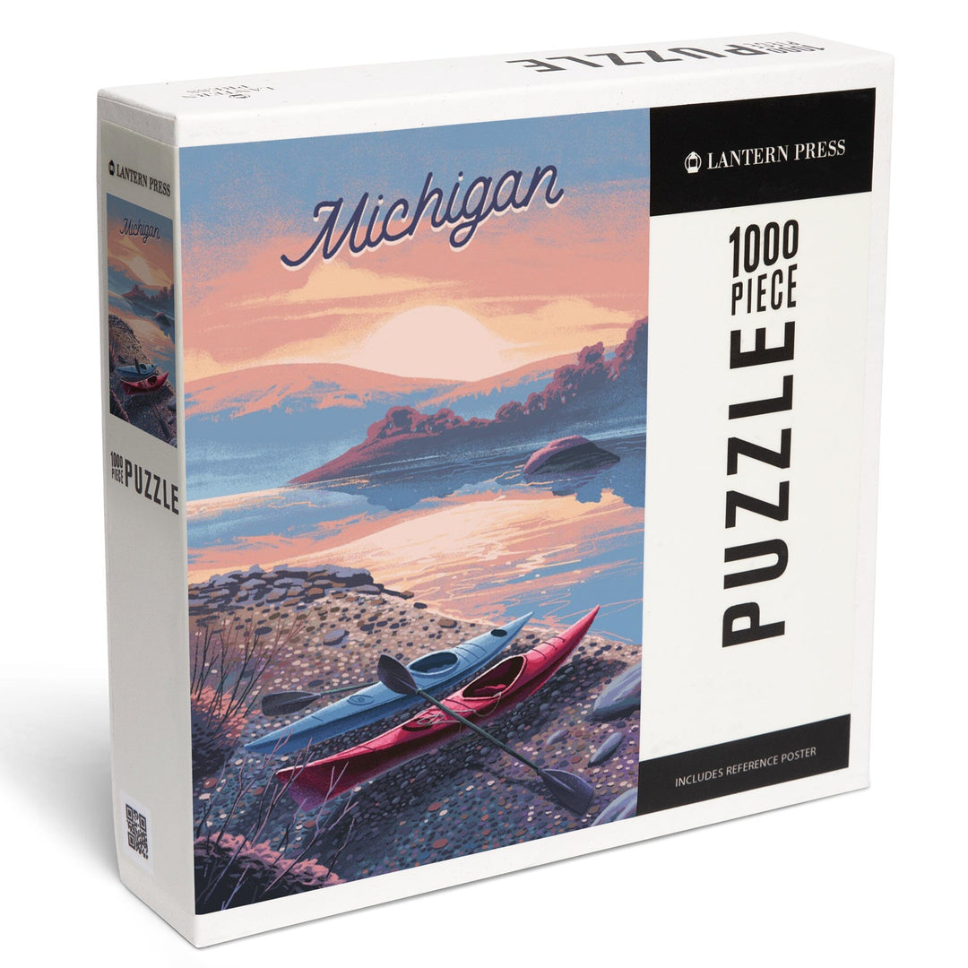 Michigan, Glassy Sunrise, Kayak, Jigsaw Puzzle Puzzle Lantern Press 