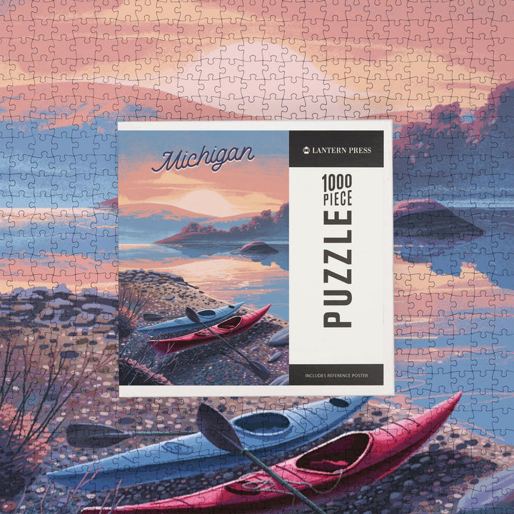 Michigan, Glassy Sunrise, Kayak, Jigsaw Puzzle Puzzle Lantern Press 
