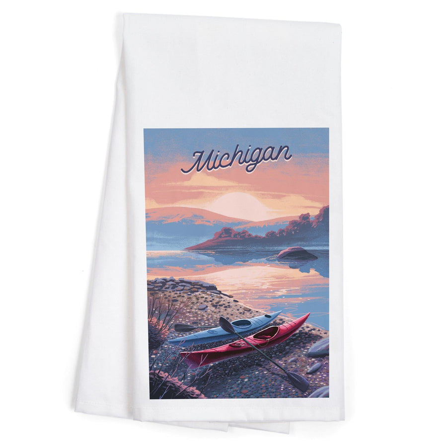 Michigan, Glassy Sunrise, Kayak, Organic Cotton Kitchen Tea Towels Kitchen Lantern Press 