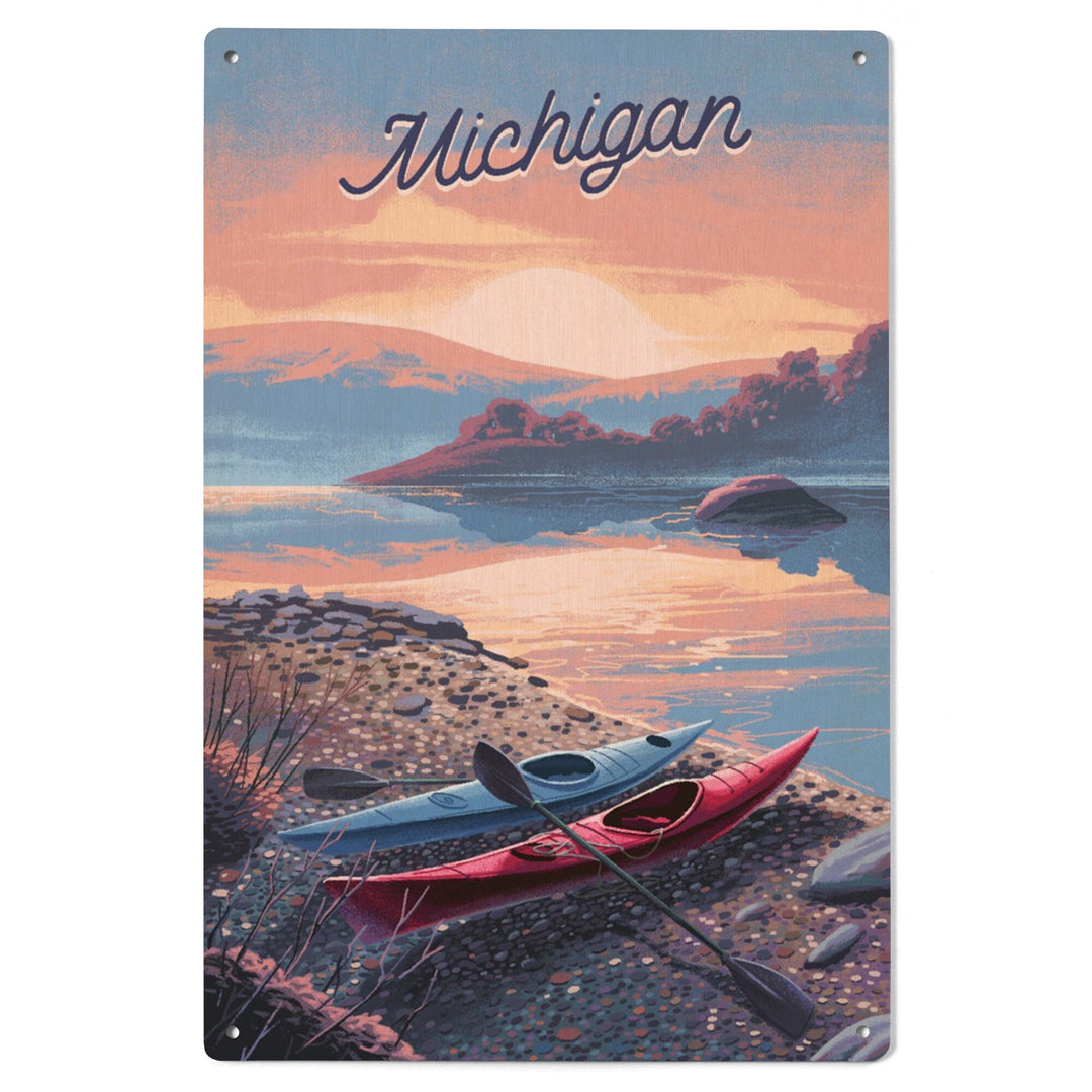 Michigan, Glassy Sunrise, Kayak, Wood Signs and Postcards Wood Lantern Press 