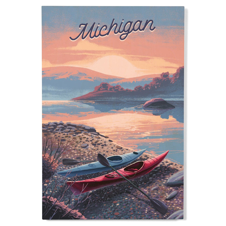 Michigan, Glassy Sunrise, Kayak, Wood Signs and Postcards Wood Lantern Press 