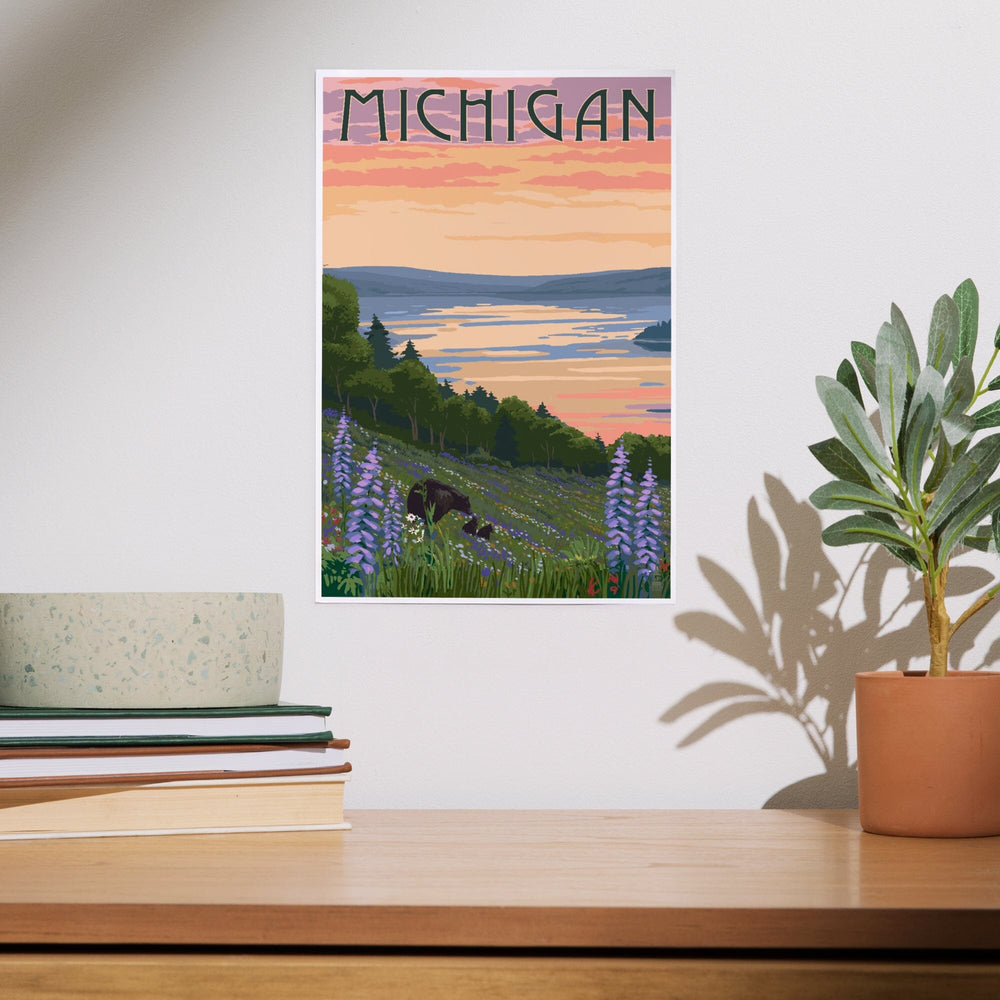 Michigan, Lake and Bear Family, Art & Giclee Prints Art Lantern Press 