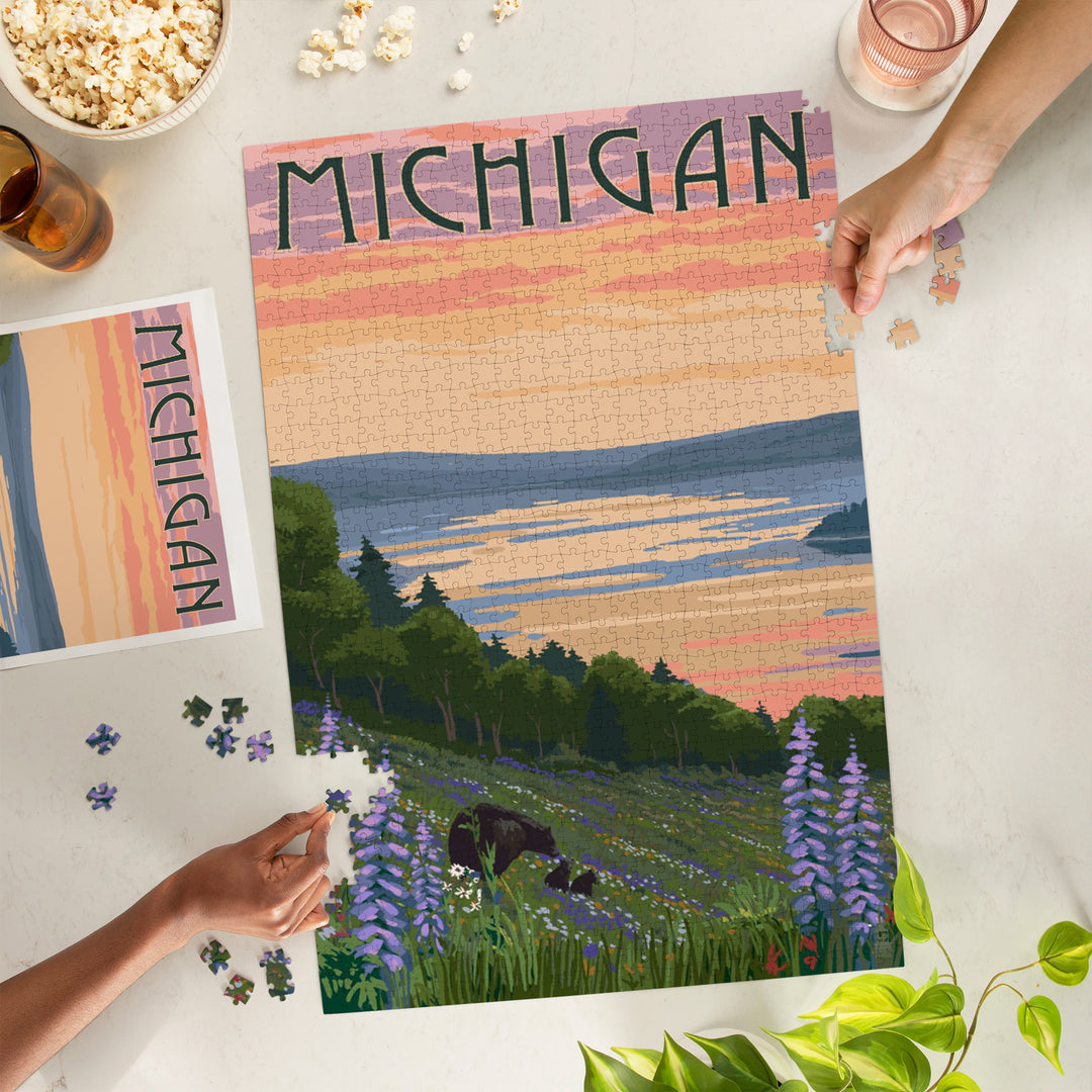 Michigan, Lake and Bear Family, Jigsaw Puzzle Puzzle Lantern Press 