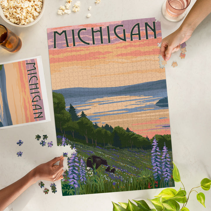 Michigan, Lake and Bear Family, Jigsaw Puzzle Puzzle Lantern Press 