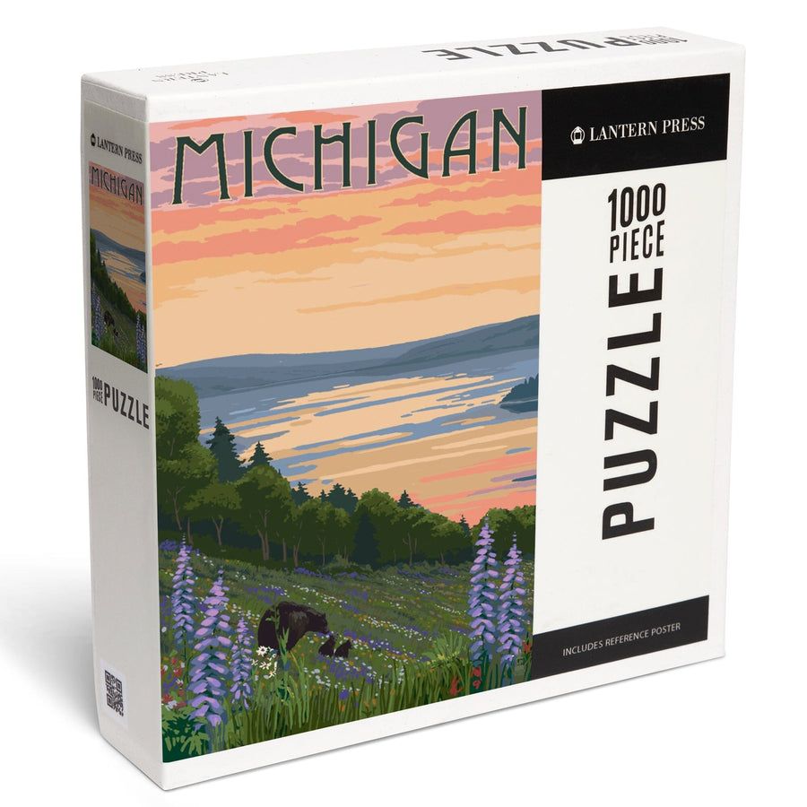 Michigan, Lake and Bear Family, Jigsaw Puzzle Puzzle Lantern Press 