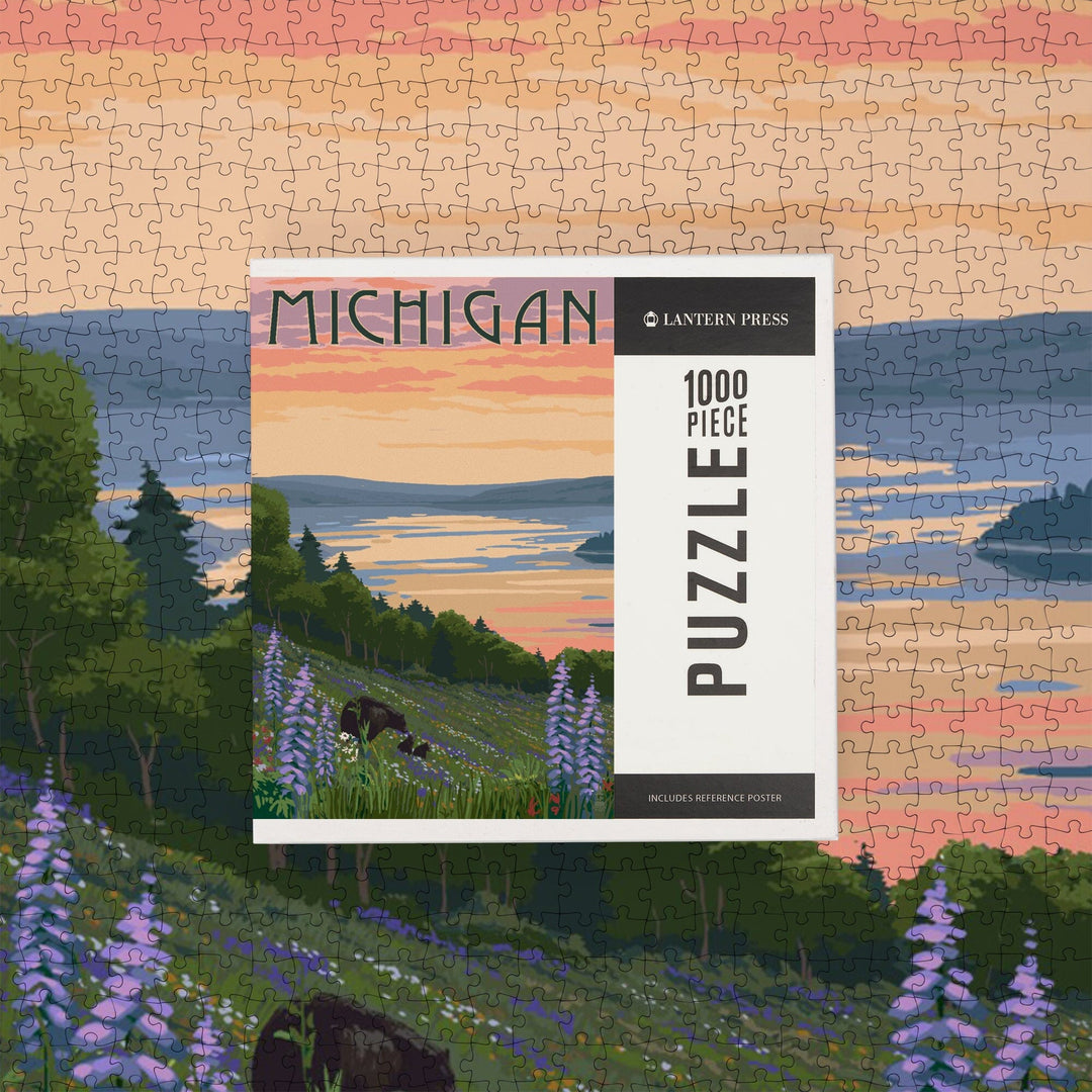 Michigan, Lake and Bear Family, Jigsaw Puzzle Puzzle Lantern Press 