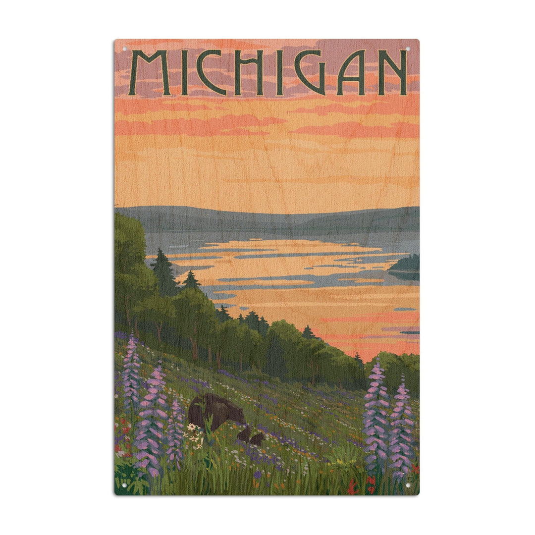 Michigan, Lake & Bear Family, Lantern Press Artwork, Wood Signs and Postcards Wood Lantern Press 10 x 15 Wood Sign 