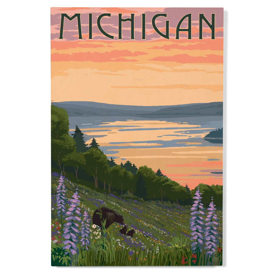 Michigan, Lake & Bear Family, Lantern Press Artwork, Wood Signs and Postcards Wood Lantern Press 