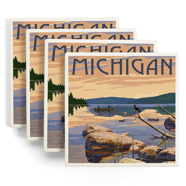 Michigan, Lake Sunrise Scene, Lantern Press Artwork, Coaster Set - Lantern Press