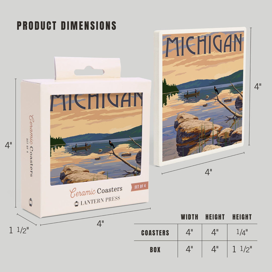 Michigan, Lake Sunrise Scene, Lantern Press Artwork, Coaster Set - Lantern Press