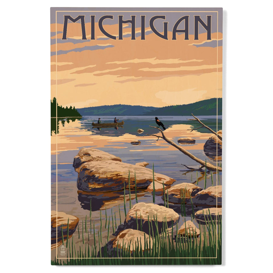 Michigan, Lake Sunrise Scene, Lantern Press Artwork, Wood Signs and Postcards Wood Lantern Press 