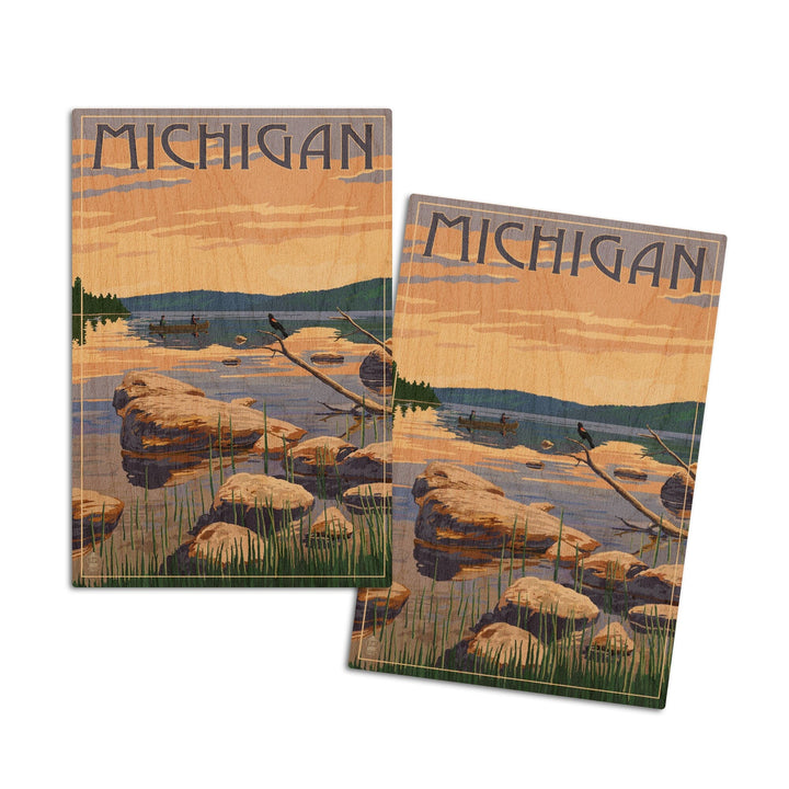 Michigan, Lake Sunrise Scene, Lantern Press Artwork, Wood Signs and Postcards Wood Lantern Press 4x6 Wood Postcard Set 