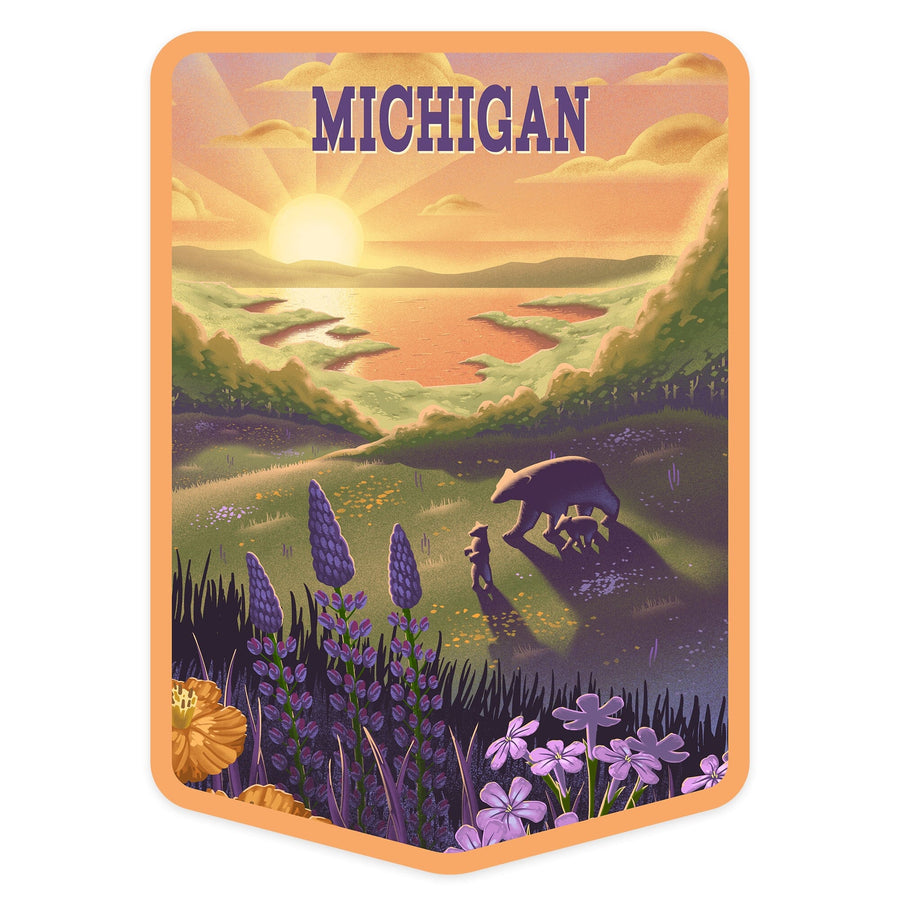 Michigan, Lithograph, Bear and Spring Flowers, Lake, Contour, Vinyl Sticker Sticker Lantern Press 