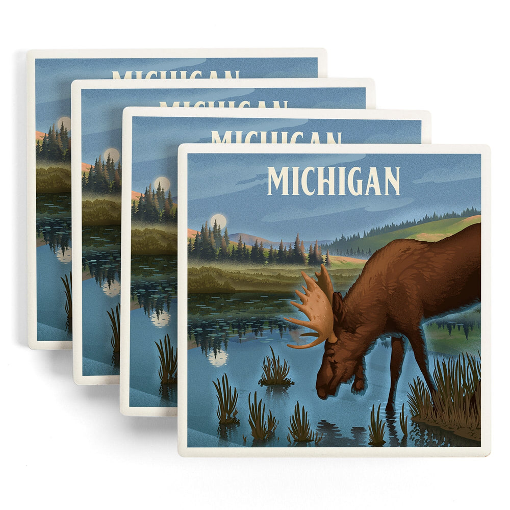 Michigan, Lithograph, Reflection Pond and Bull Moose, Coasters Coasters Lantern Press 
