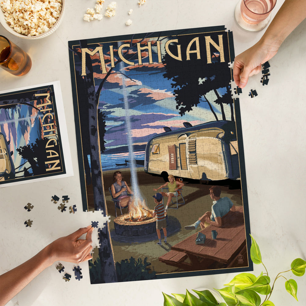 Michigan, Retro Camper and Lake, Jigsaw Puzzle Puzzle Lantern Press 