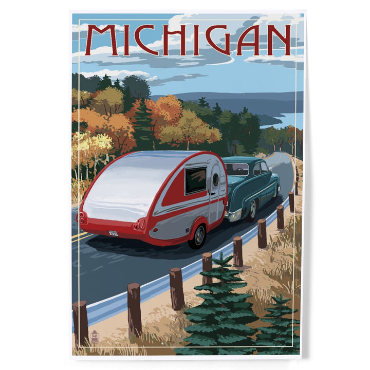 Michigan, Retro Camper on Road, Art & Giclee Prints - Lantern Press