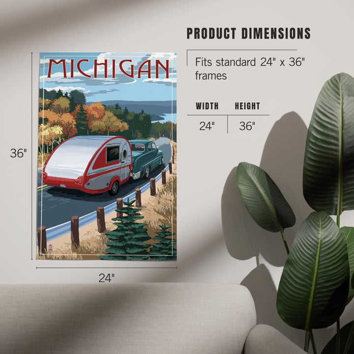 Michigan, Retro Camper on Road, Art & Giclee Prints Art Lantern Press 