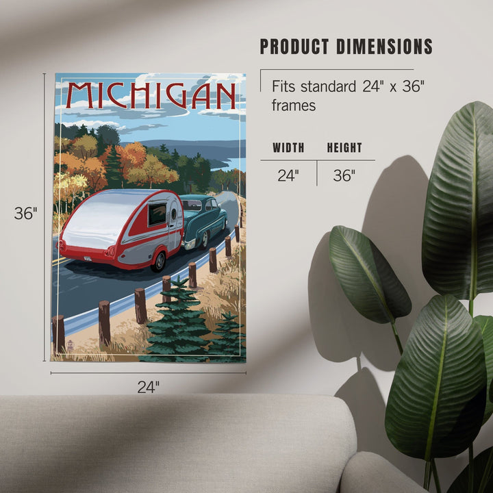 Michigan, Retro Camper on Road, Art & Giclee Prints - Lantern Press