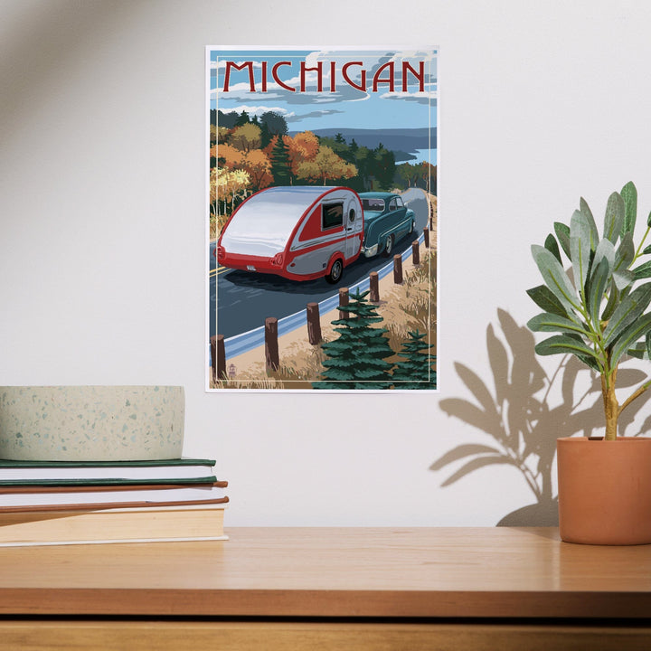 Michigan, Retro Camper on Road, Art & Giclee Prints - Lantern Press