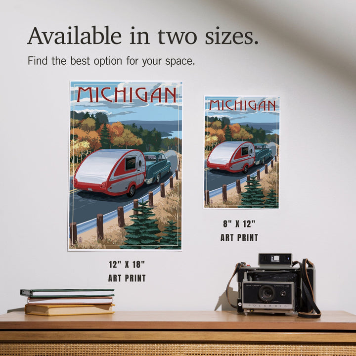 Michigan, Retro Camper on Road, Art & Giclee Prints Art Lantern Press 