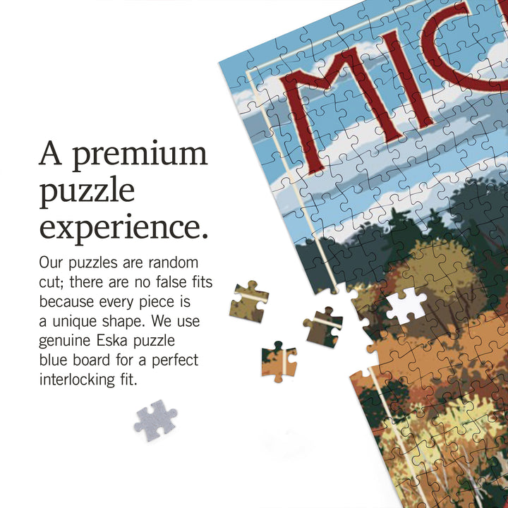 Michigan, Retro Camper on Road, Jigsaw Puzzle Puzzle Lantern Press 
