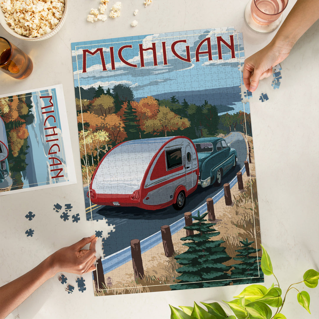 Michigan, Retro Camper on Road, Jigsaw Puzzle Puzzle Lantern Press 