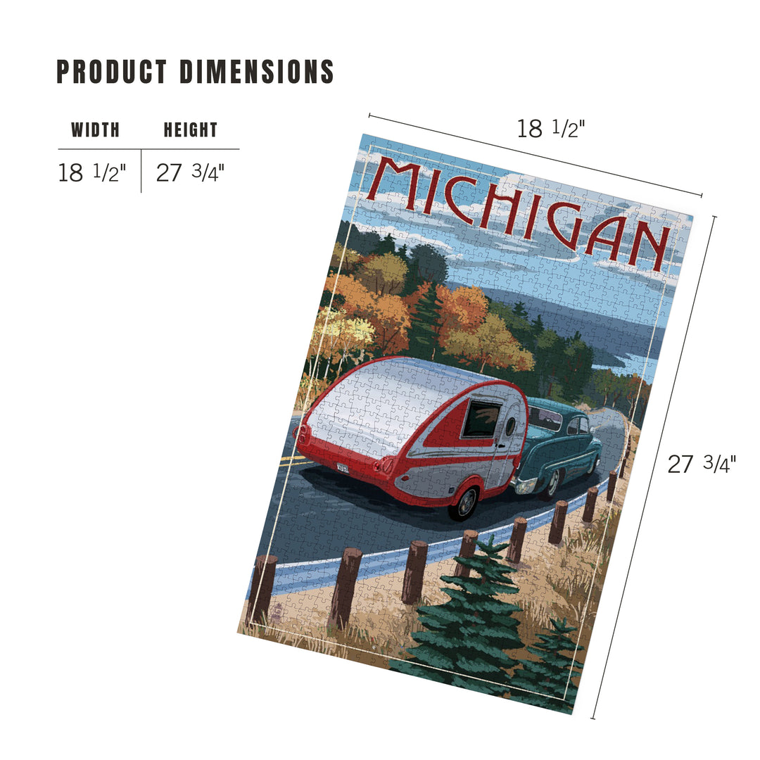Michigan, Retro Camper on Road, Jigsaw Puzzle Puzzle Lantern Press 